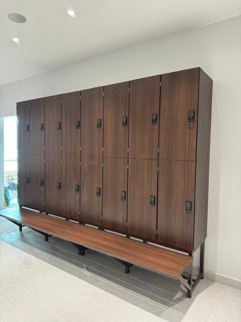 Locker and Bench Seating for Gym and School in Wooden Finish and HPL Material